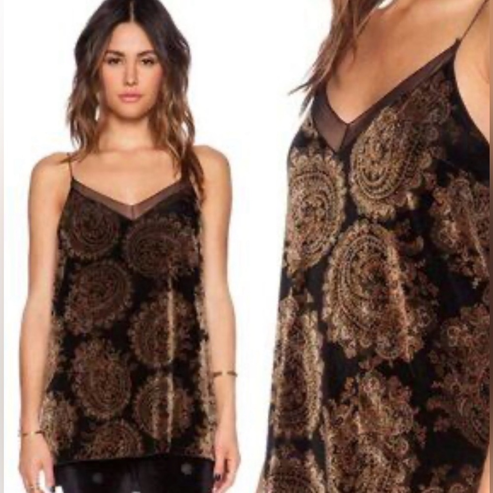 FREE PEOPLE velvet tank slender straps front V-neck illusion mesh rich paisley